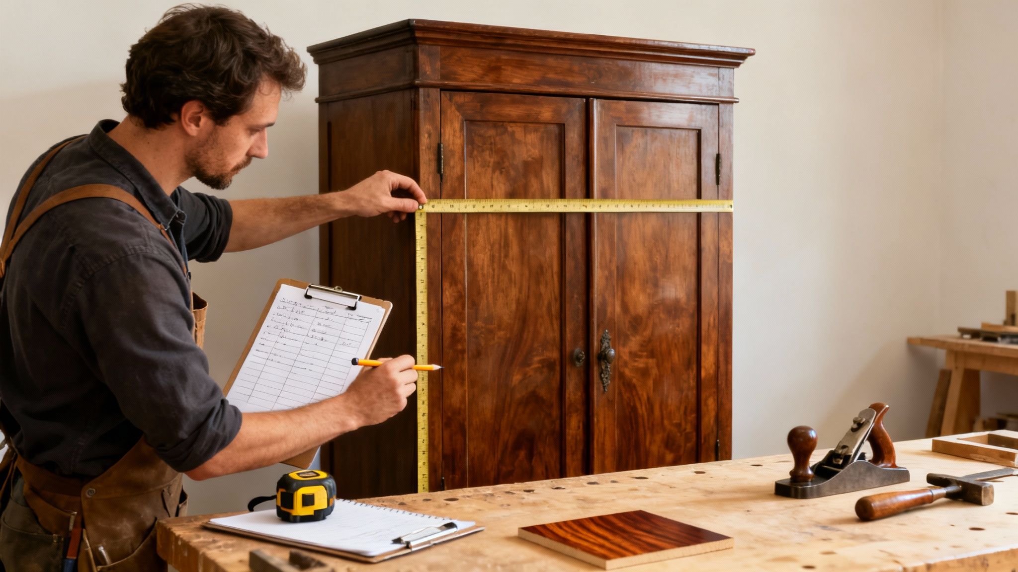 Craftsperson measuring antique wooden wardrobe for restoration, clipboard and tools on workbench, highlighting furniture restoration process in Adelaide.