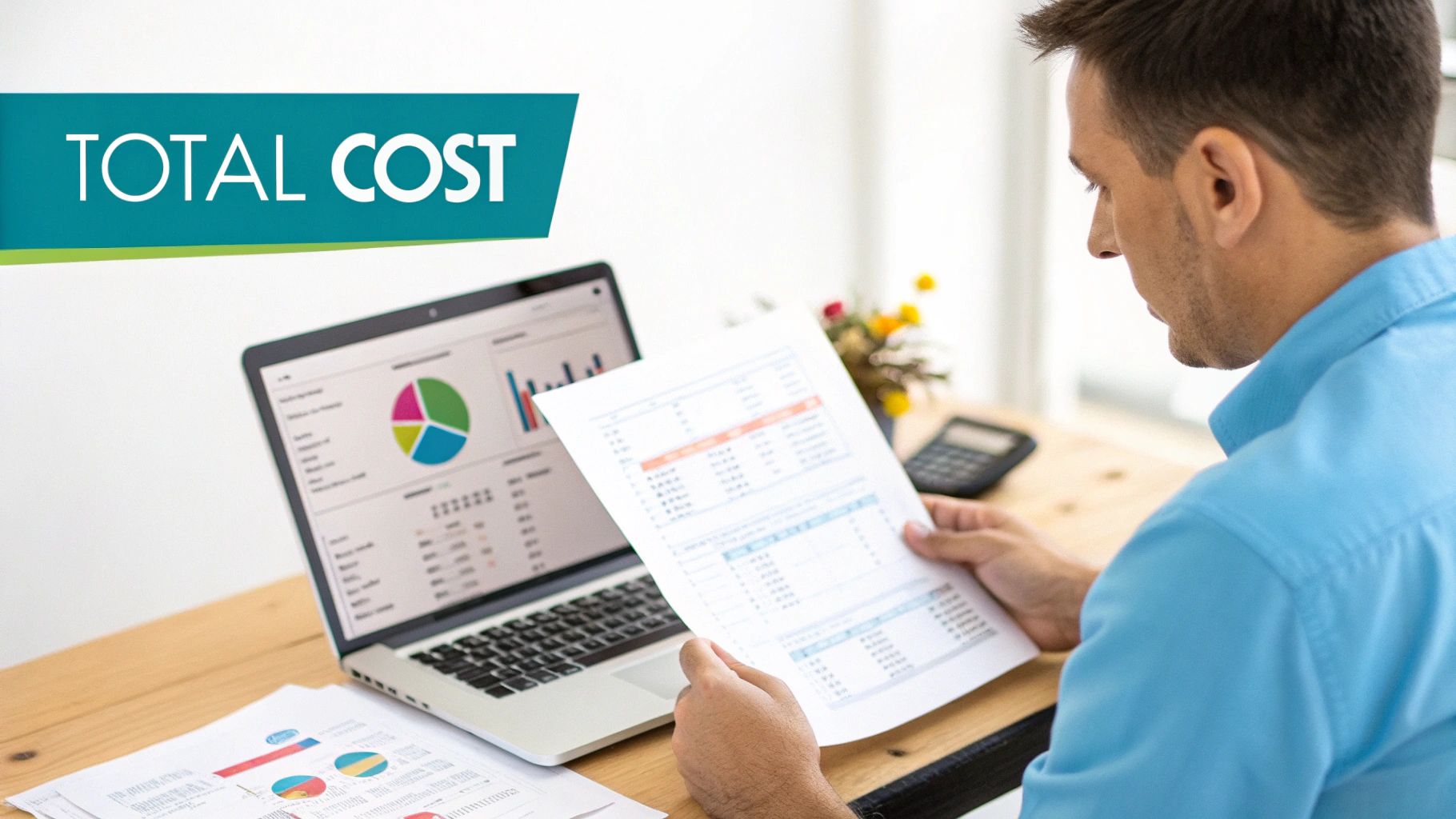 Man reviews financial documents at a desk with a laptop showing charts and a 'TOTAL COST' banner.