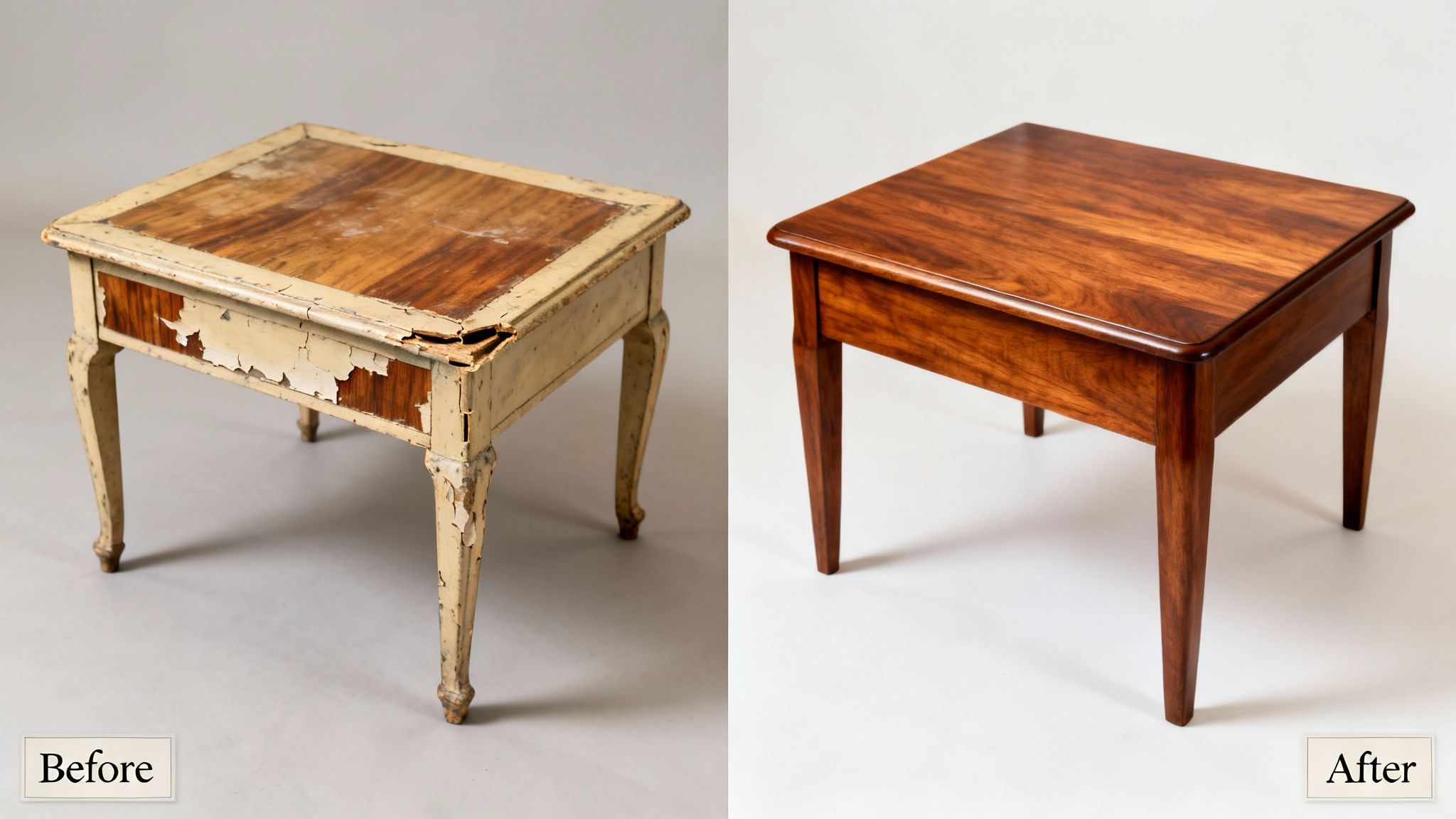 Before and after restoration of an antique wooden side table, showcasing its beautiful transformation.
