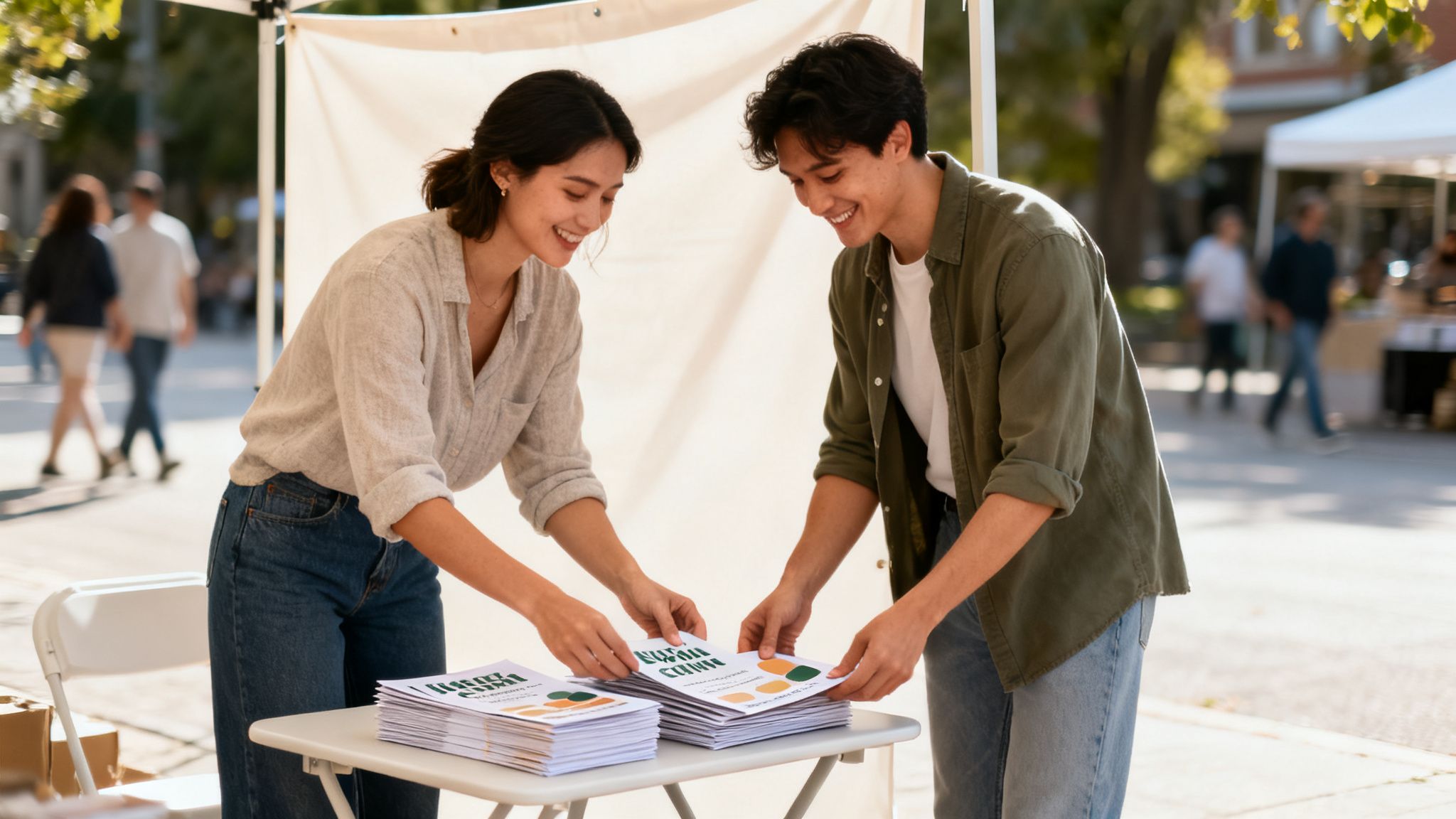 Two smiling people organizing "BUILD COMMUNITY" flyers at an outdoor event booth.