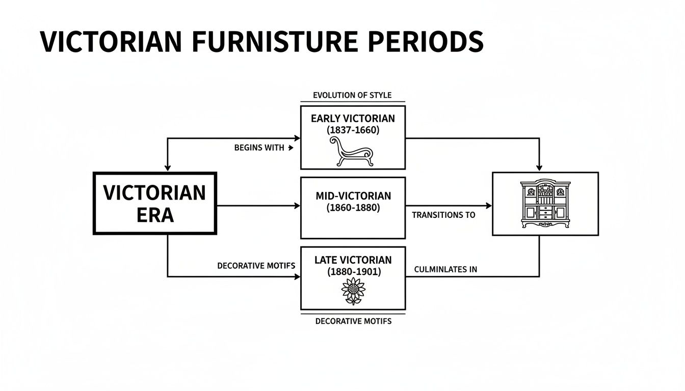Flowchart illustrating Victorian furniture periods: Early (1837-1660), Mid (1860-1880), and Late (1880-1901) styles and decorative motifs.