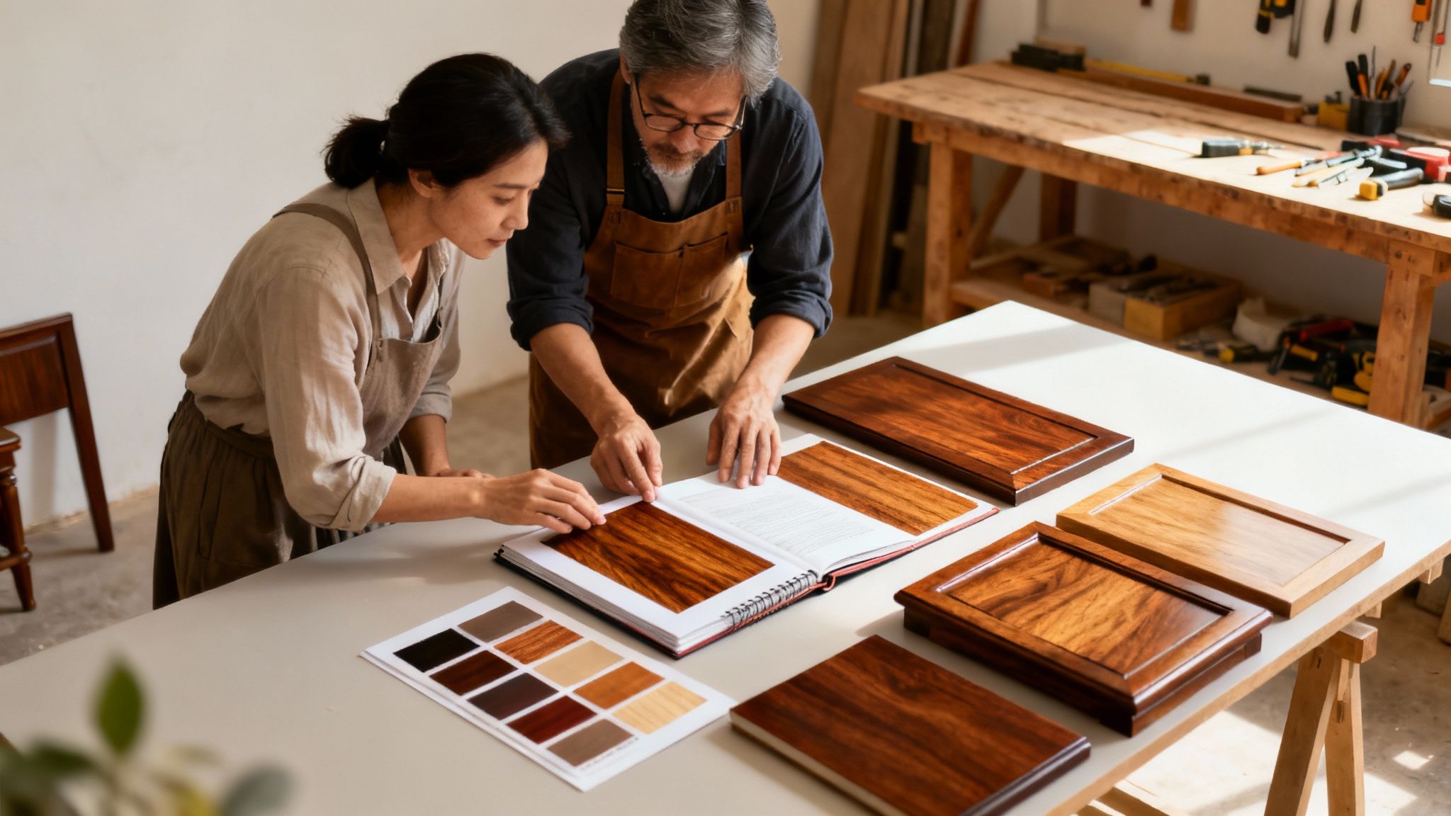 Woman and man examining wood finish samples and restoration techniques in a workshop, showcasing French polishing options for antique furniture restoration.