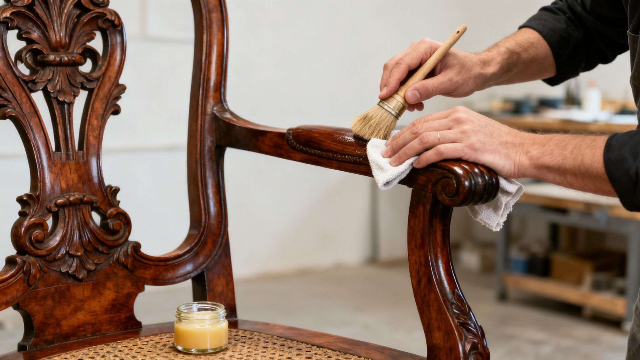 Person restoring antique chair with brush and cloth, highlighting the importance of sympathetic restoration for maximizing value in deceased estate management.