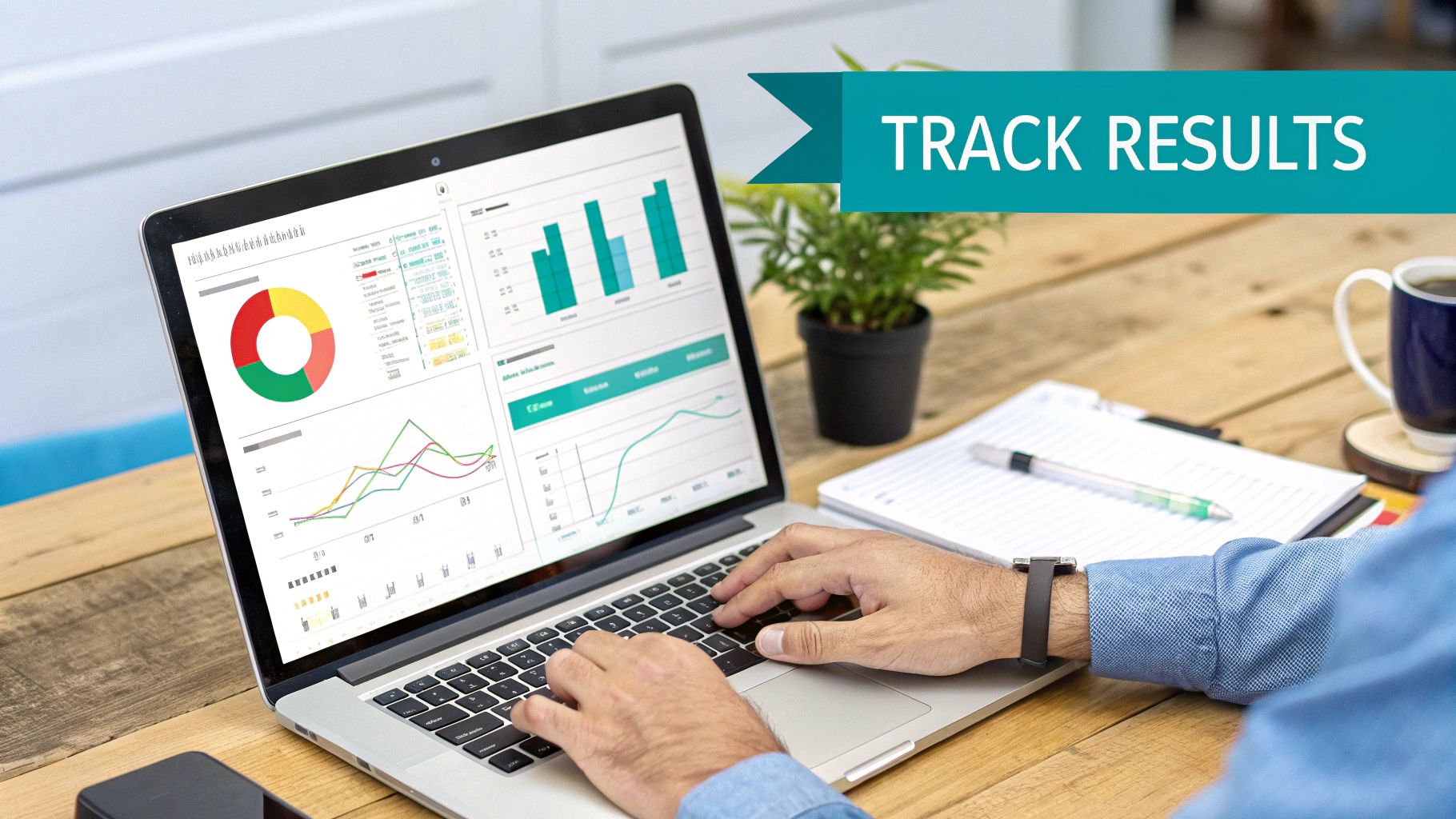 A person types on a laptop displaying various data charts, graphs, and a 'TRACK RESULTS' banner.