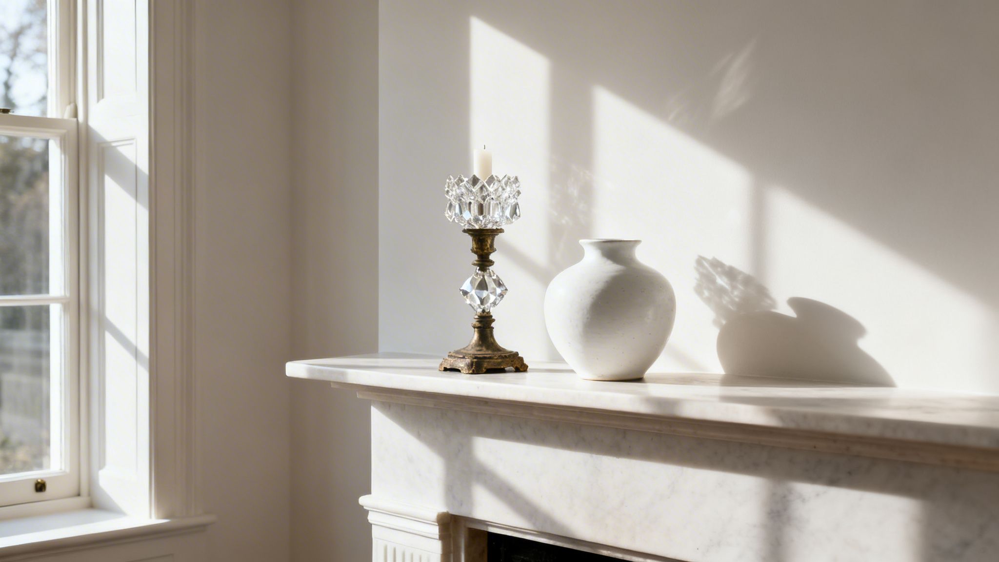 A decorative crystal candle holder and white vase on a marble mantelpiece with sunlit shadows.