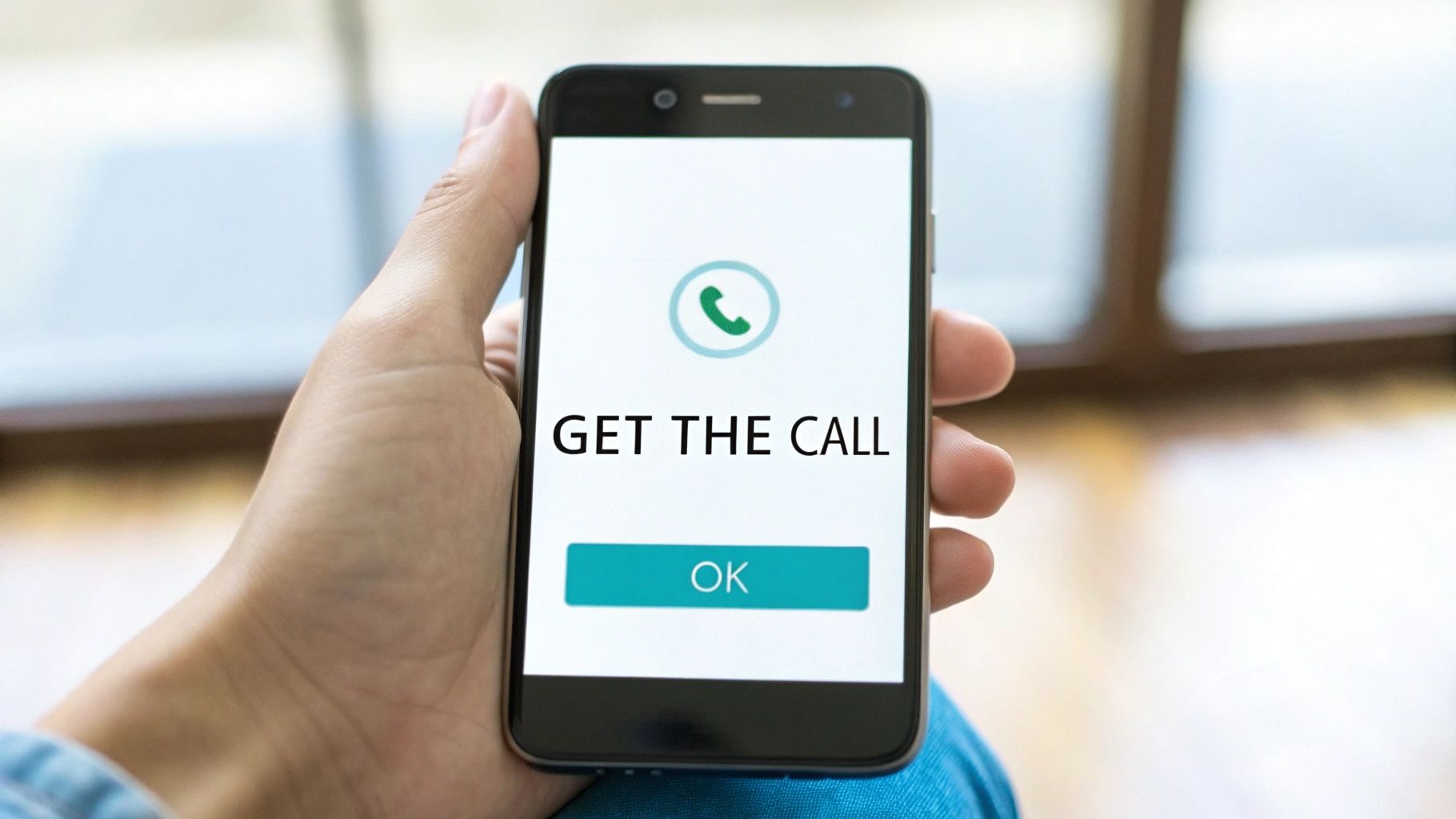 A hand holds a smartphone displaying 'GET THE CALL' text, a phone icon, and an 'OK' button on screen.