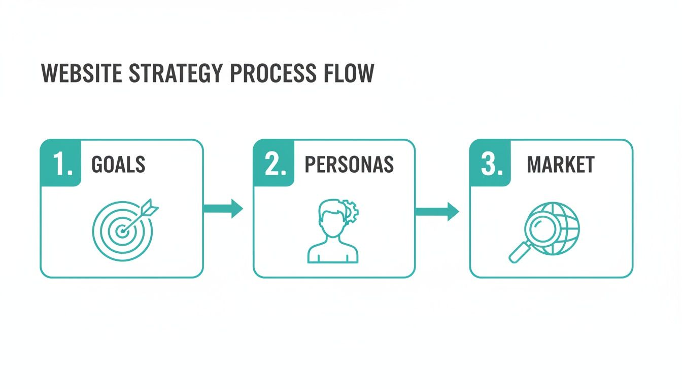 Website strategy process flow diagram showing steps: Goals, Personas, and Market analysis.