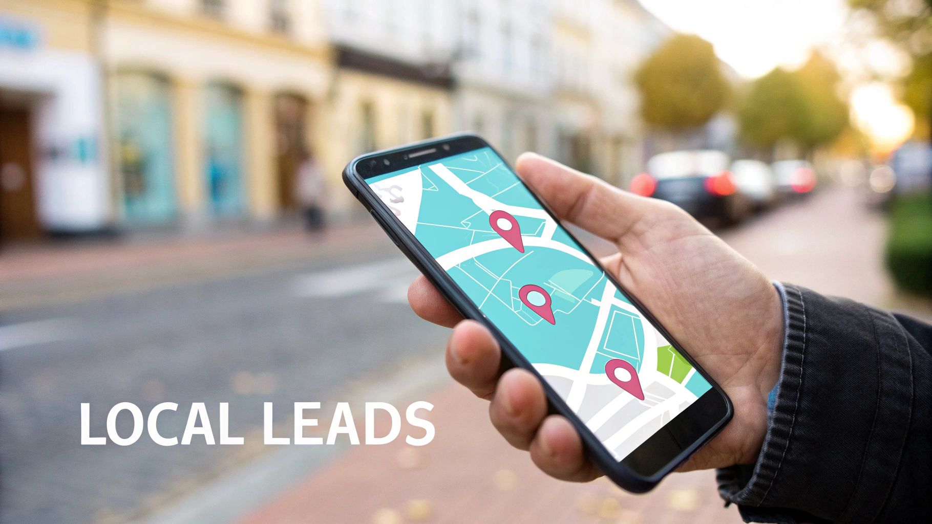 Close-up of a hand holding a smartphone displaying a map with location pins for local leads.