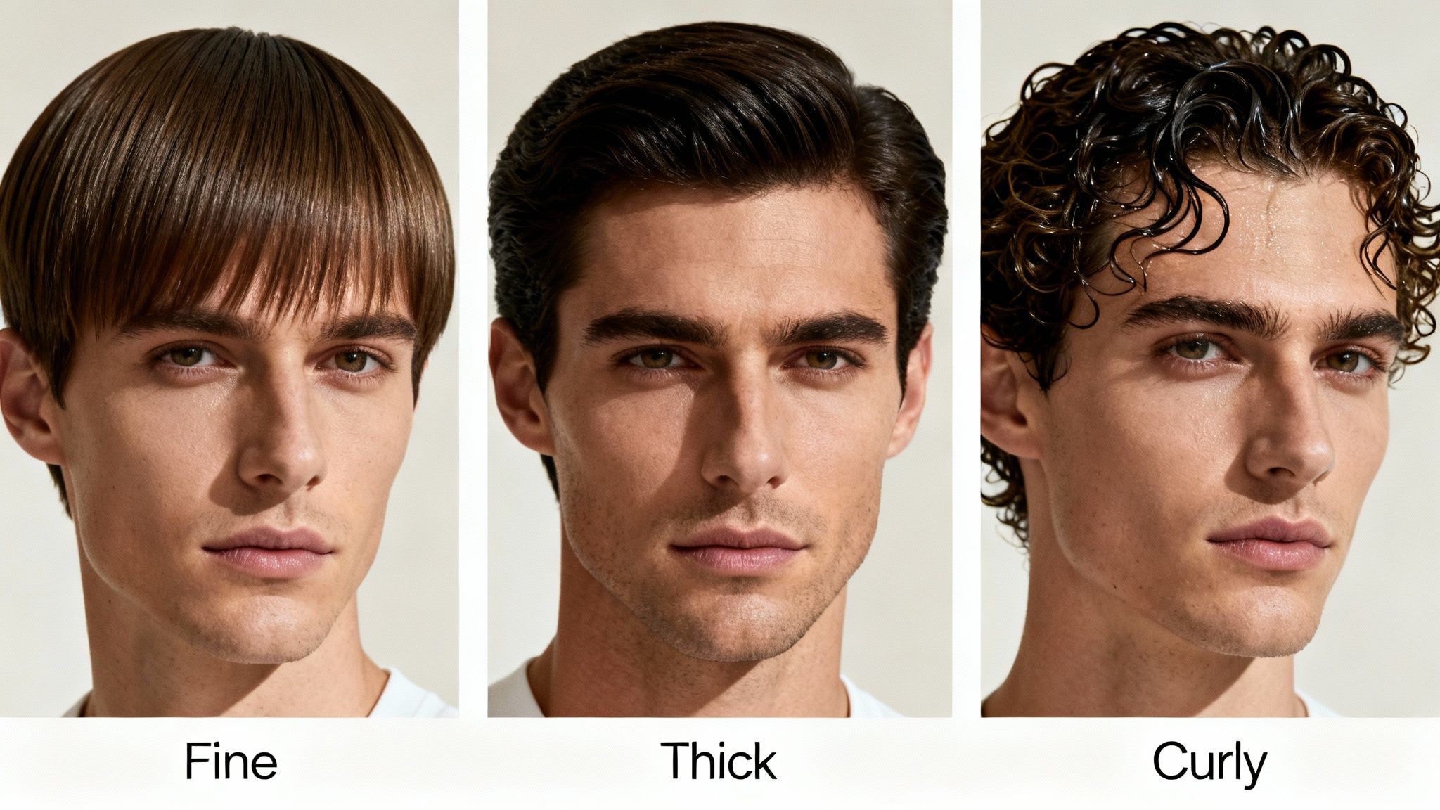 Three men showcasing different hair textures: fine straight hair, thick wavy hair, and curly hair.