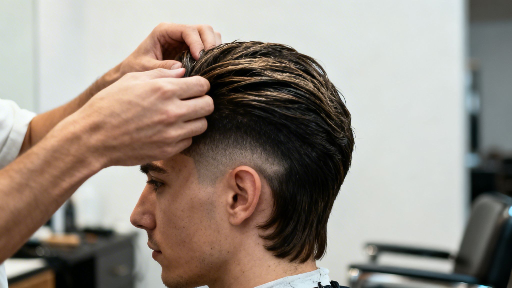 A barber's hands styling a young man's wet, dark hair with a faded undercut and longer back.