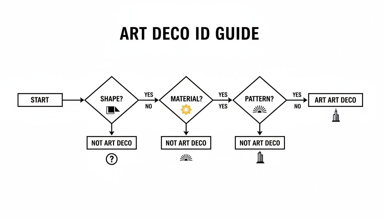 A flowchart titled 'Art Deco ID Guide' illustrating steps to identify Art Deco styles based on shape, material, and pattern.