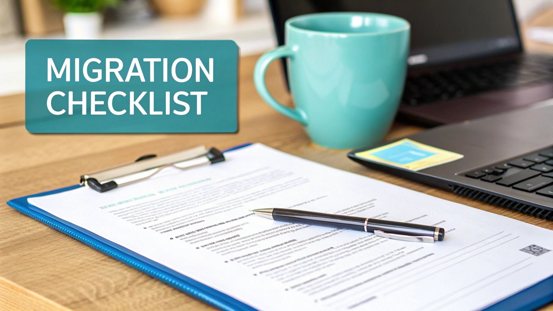A desk with a 'MIGRATION CHECKLIST' sign, a document on a clipboard with a pen, a mug, and a laptop, signifying planning.