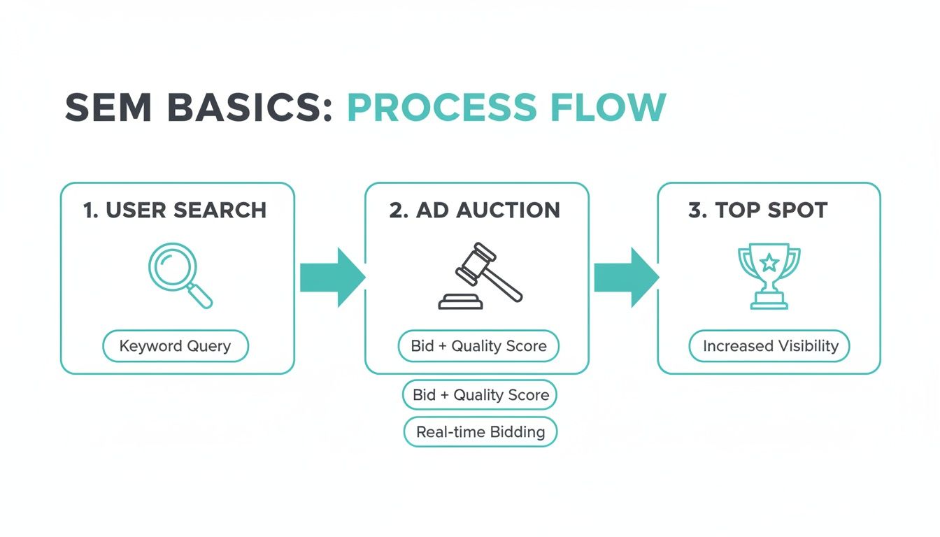 Flowchart illustrating the SEM process from user search and ad auction to achieving a top spot.