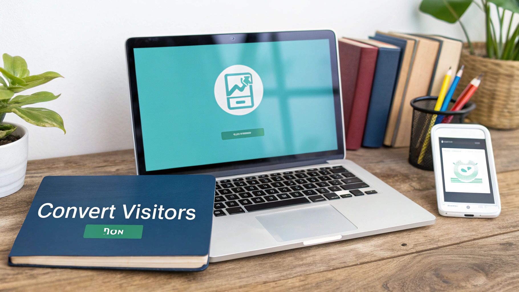 A marketing workspace with a laptop displaying data, a book titled 'Convert Visitors', and a smartphone.
