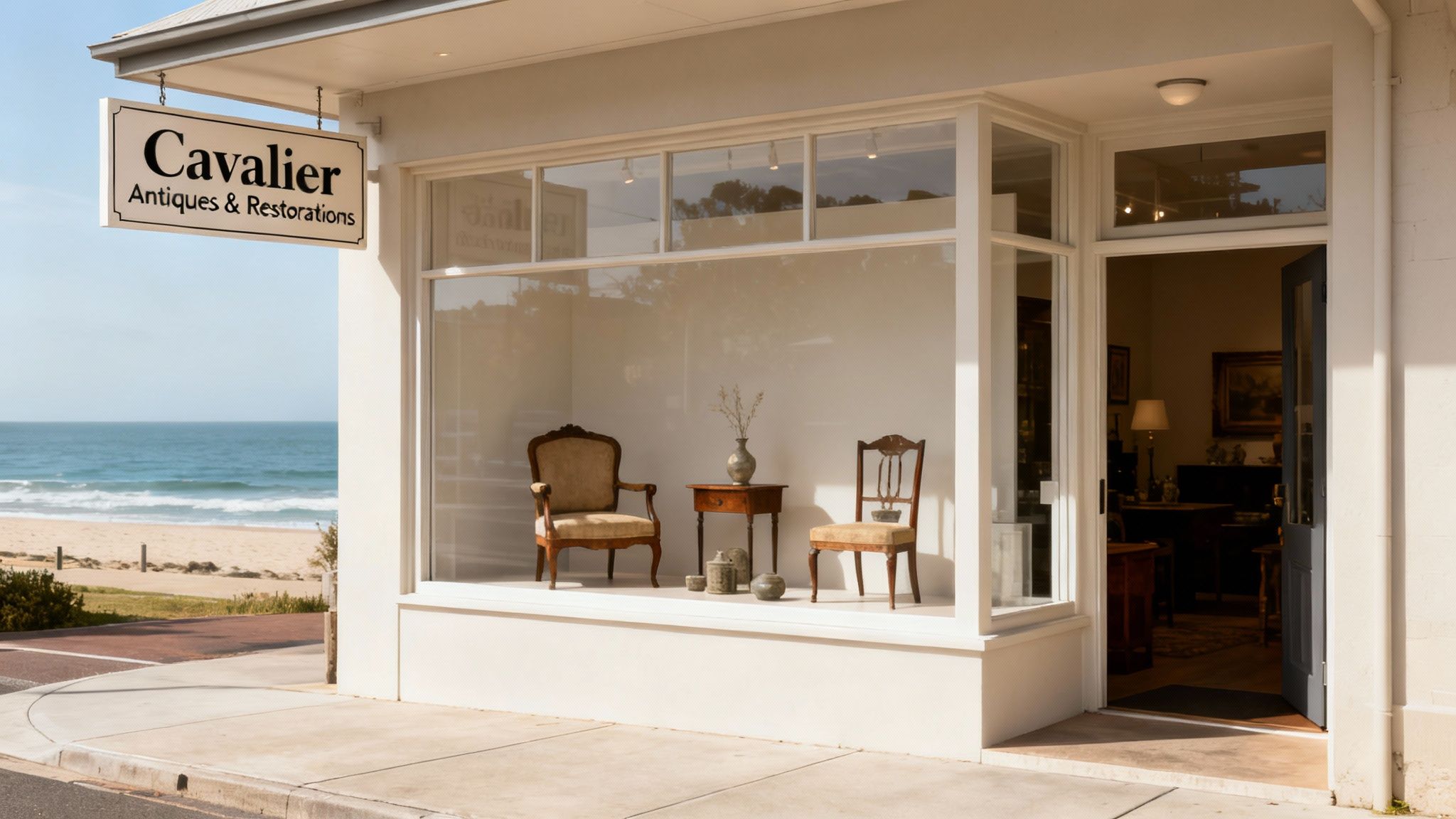 Exterior of Cavalier Antiques & Restorations shop with antique furniture display, overlooking the beach.