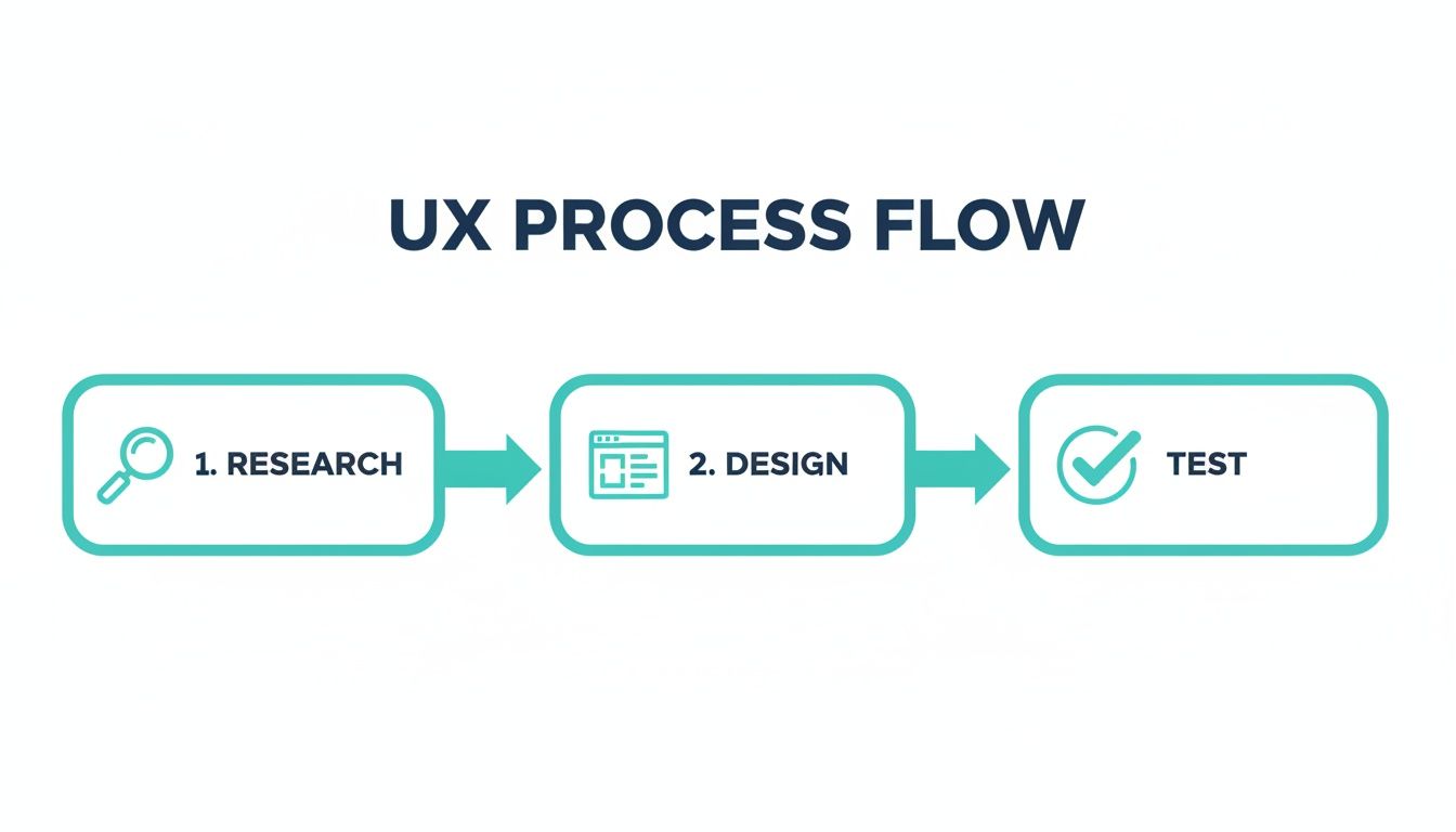 A UX process flow diagram illustrating Research, Design, and Test stages linked by arrows.
