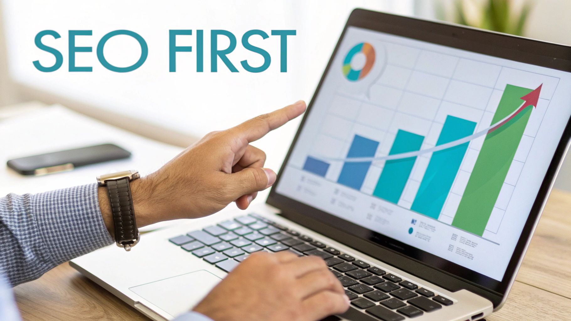 A person points at a laptop screen displaying 'SEO FIRST' text and an upward trending bar graph.