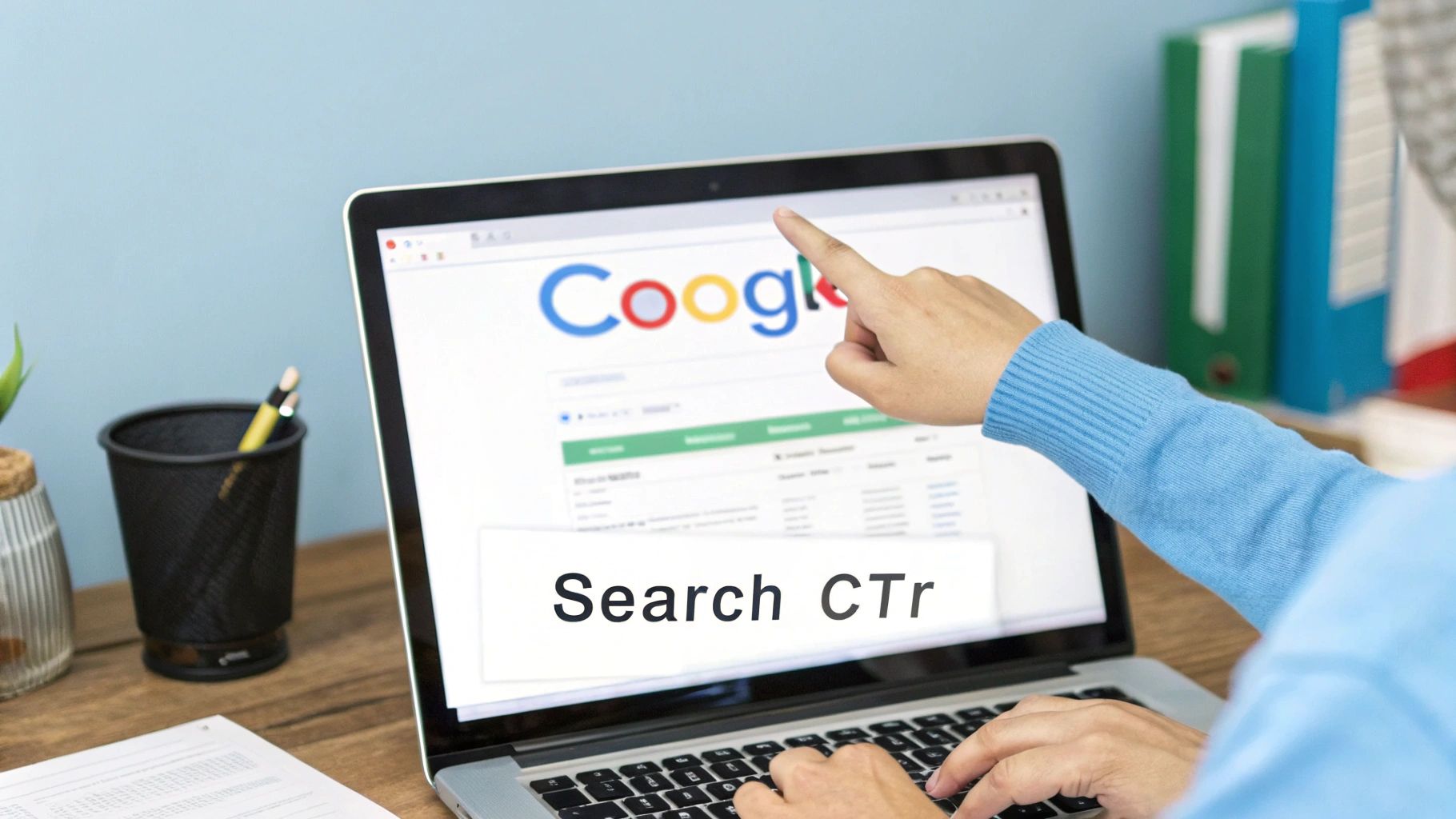 A person's hands using a laptop with Google search results and a 'Search CTR' overlay on a desk.