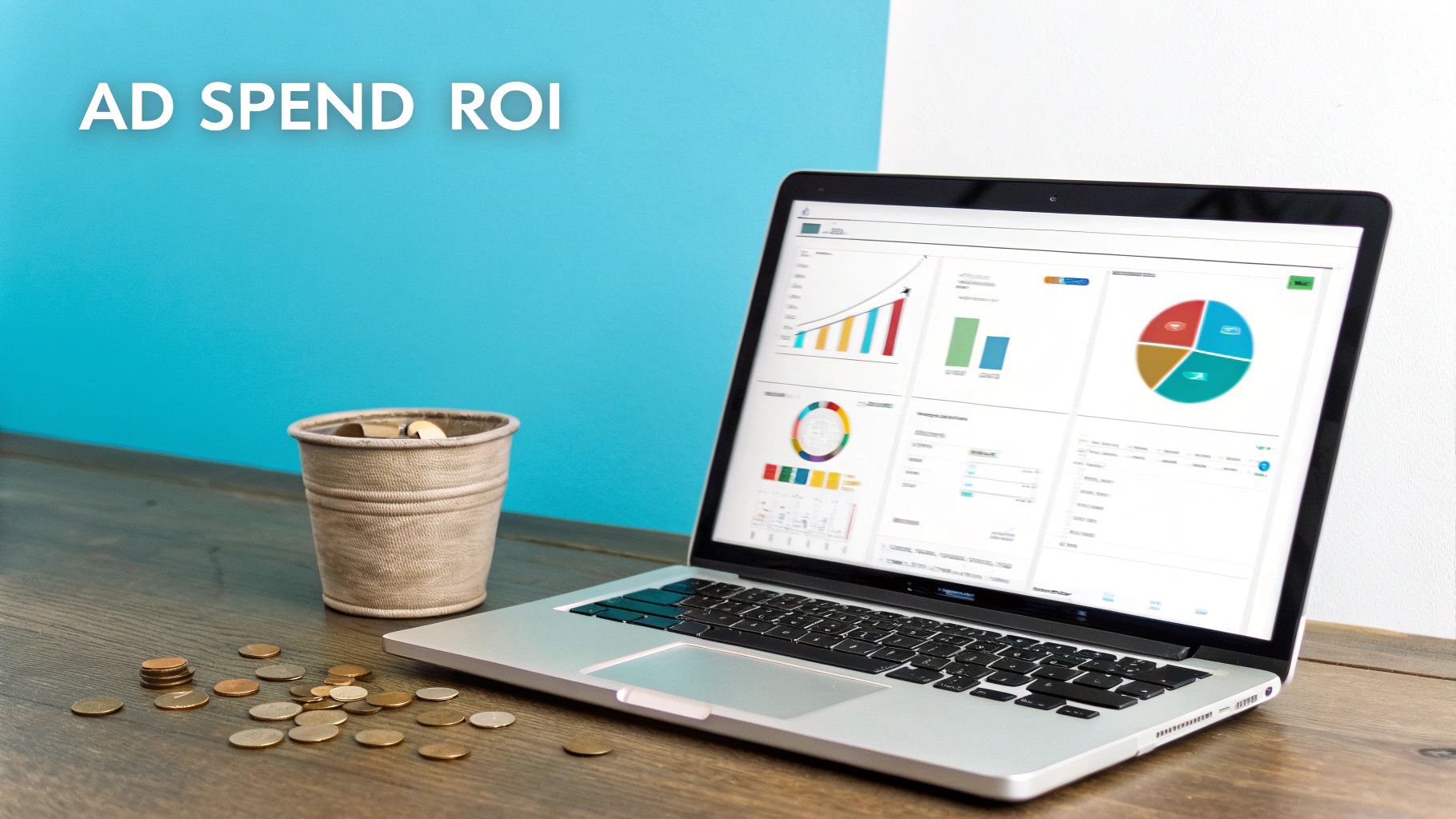 A laptop displays financial charts and graphs with coins, illustrating ad spend ROI on a desk.