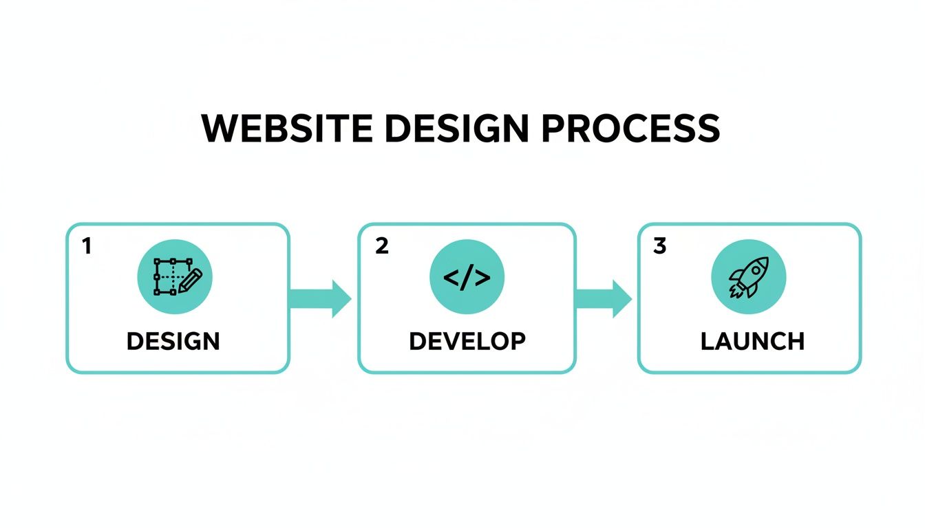 A three-step infographic outlining the website design process: Design, Develop, and Launch.