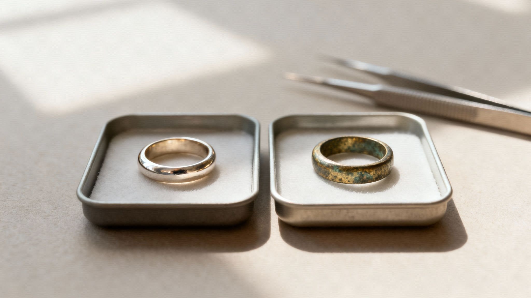 Two rings, one shiny silver and one tarnished bronze, displayed in individual metal trays with tweezers nearby.