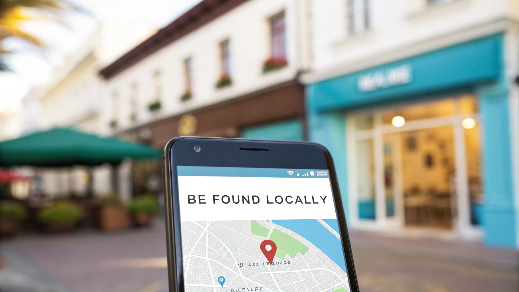 A smartphone displaying a 'BE FOUND LOCALLY' map with a red pin on a city street.