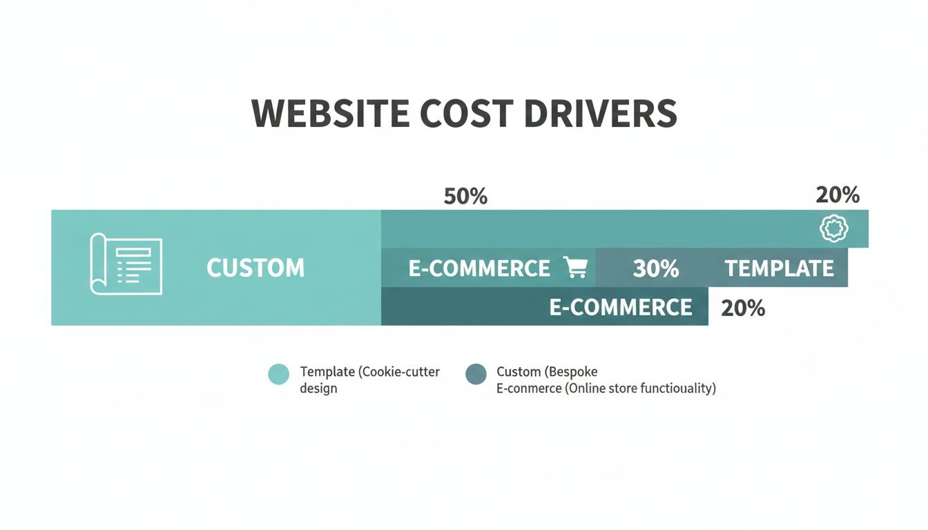 Infographic illustrating website cost drivers, including custom development, e-commerce functionality, and template usage with percentages.