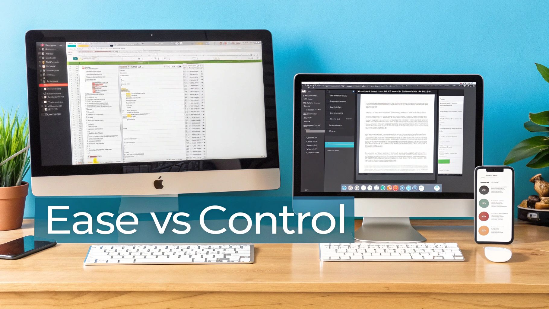 Two Apple iMac computers on a wooden desk showcasing different software and productivity tools.