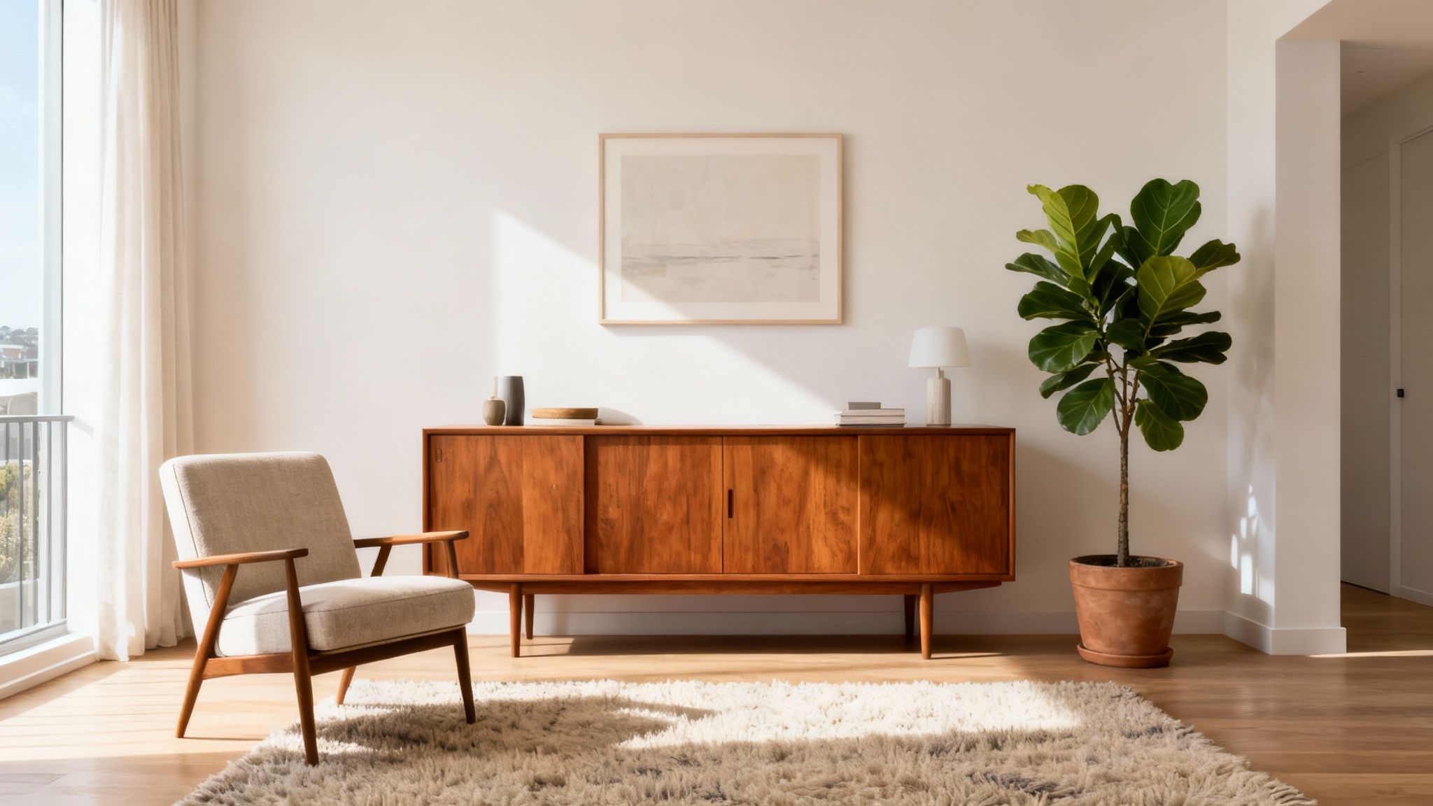 A bright living room featuring mid-century modern wooden furniture, a light armchair, and a large plant.
