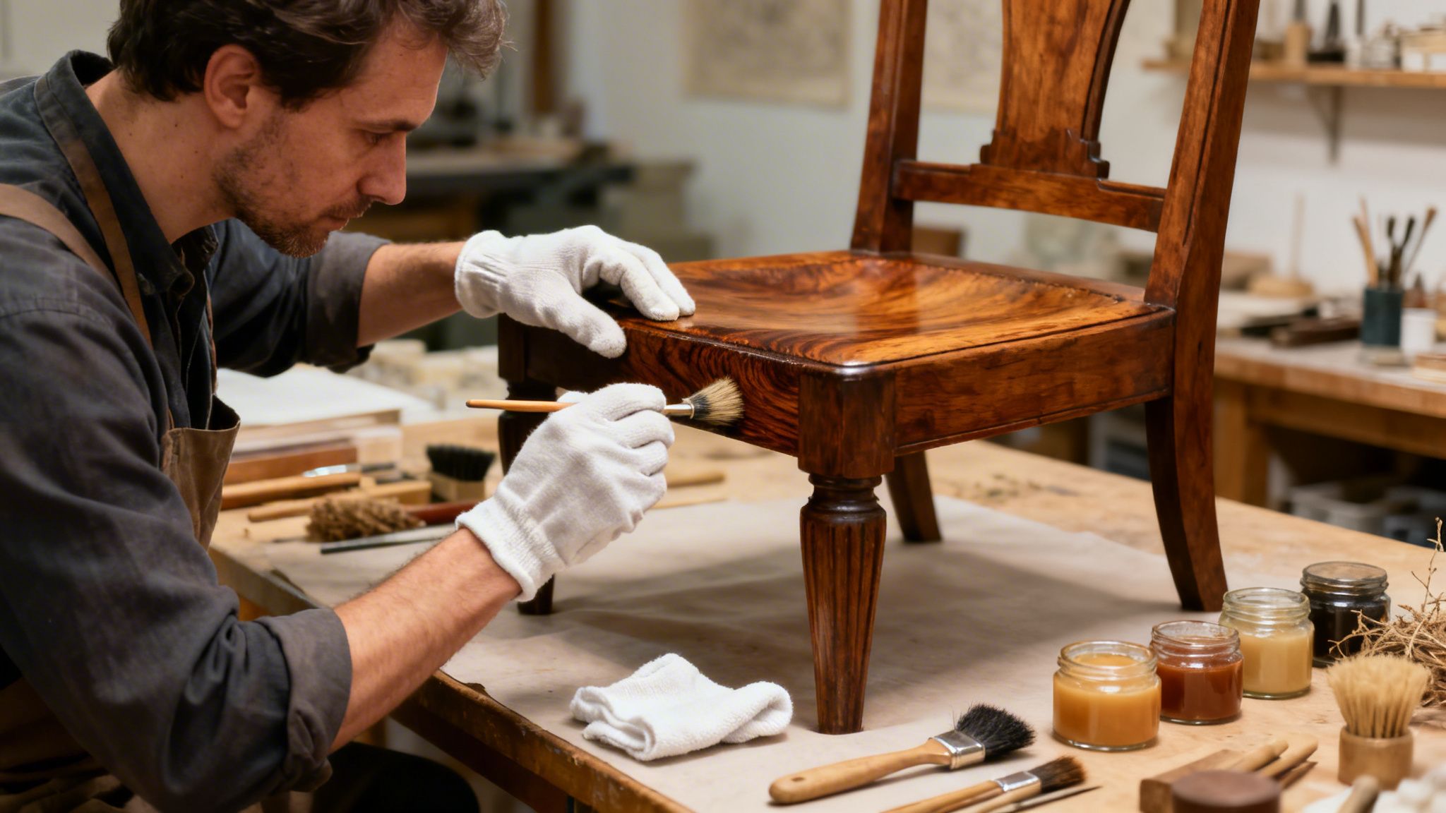 A skilled craftsman meticulously applies a finish to a beautiful antique wooden chair in a workshop.