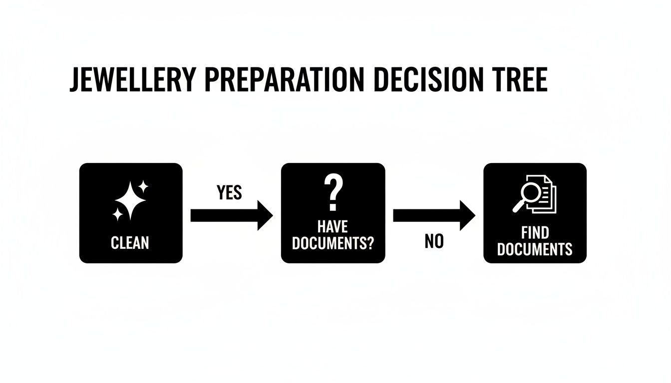 Decision tree for jewellery preparation outlining steps: clean, check for documents, or find documents.