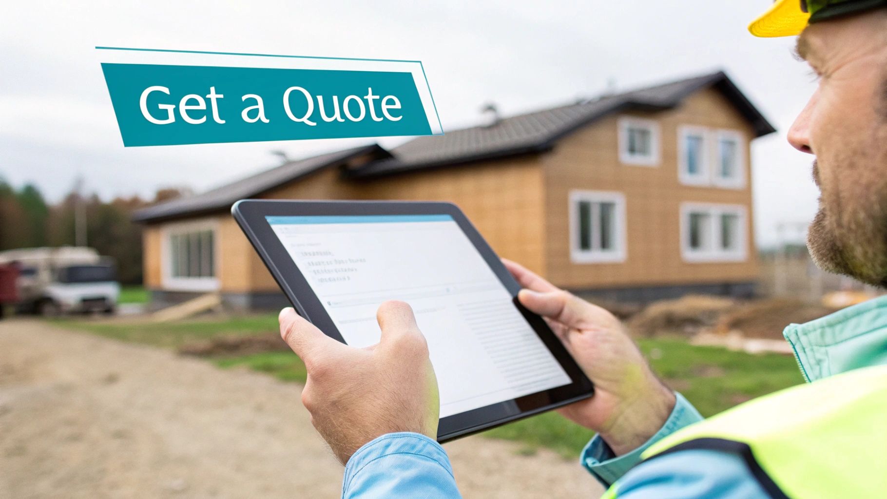 Construction worker in a hard hat using a tablet at a building site with a 'Get a Quote' banner.