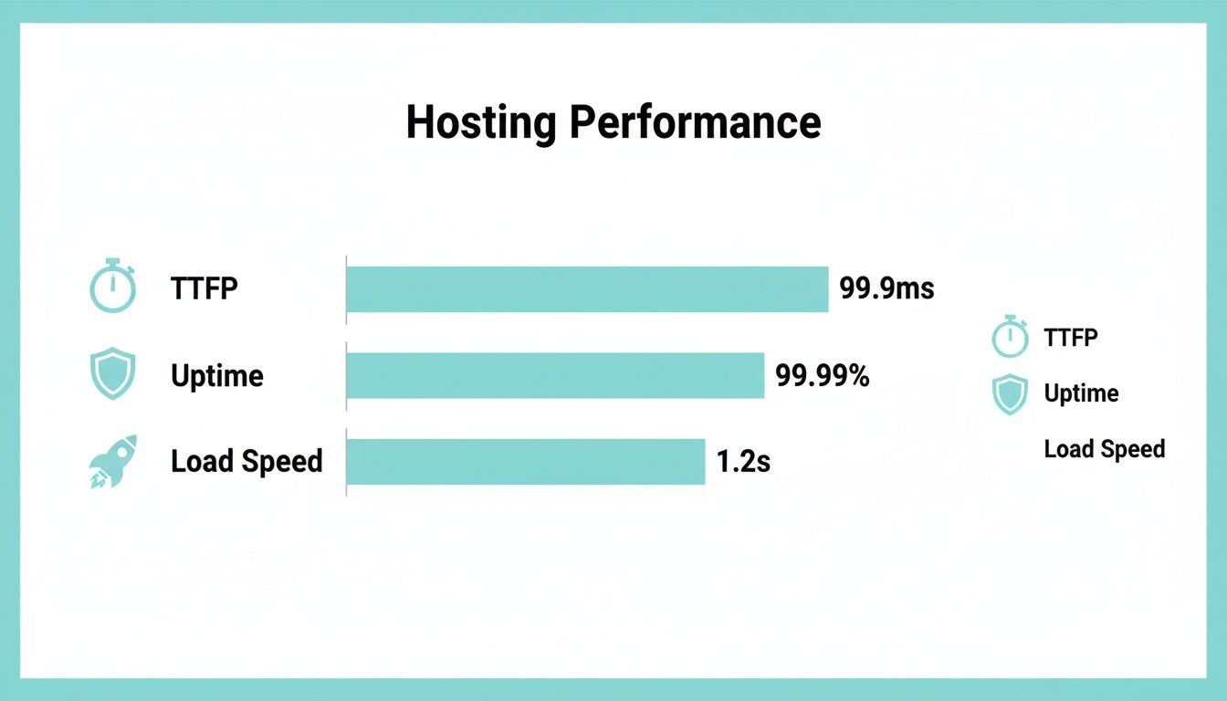 A bar chart displaying web hosting performance metrics: TTFP 99.9ms, Uptime 99.99%, and Load Speed 1.2s.