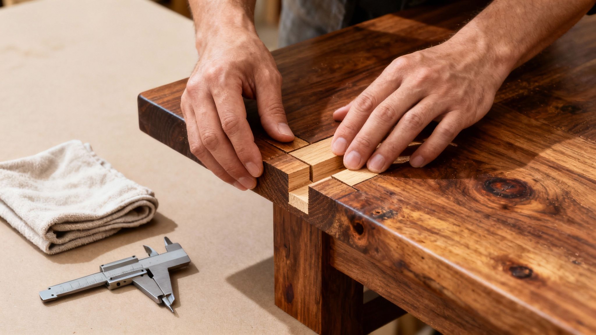 Craftsman's hands expertly fitting a wooden piece into a precise joint on a timber table.