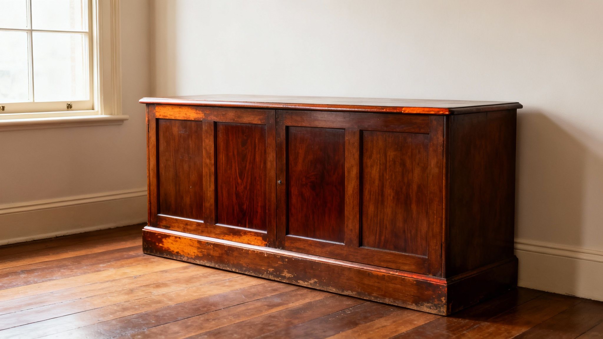 Antique wooden cabinet showcasing rich, dark wood finish, highlighting restoration craftsmanship in a well-lit room, reflecting the art of preserving history through furniture restoration in Adelaide.