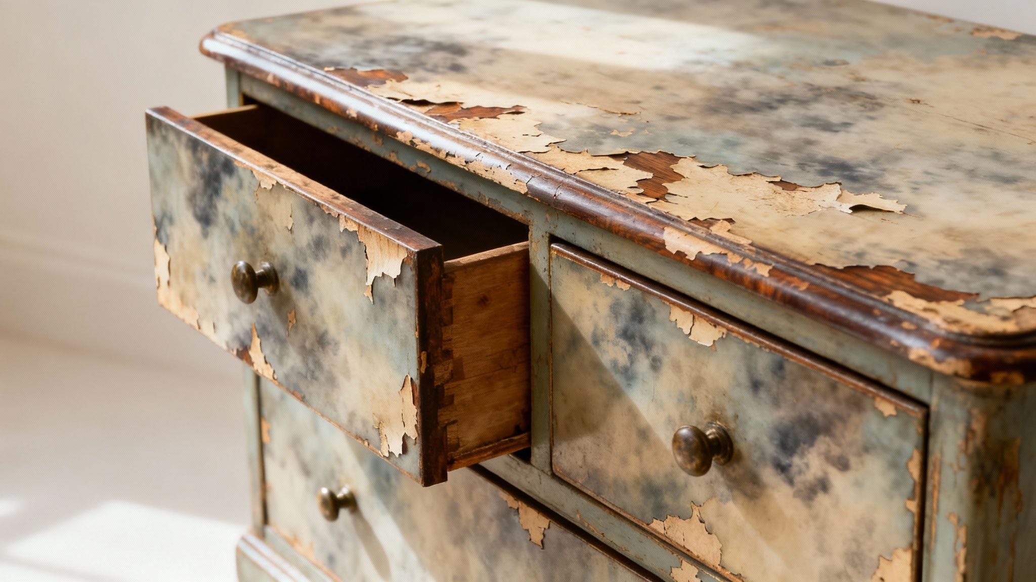 Antique dresser with peeling paint and open drawer, showcasing signs of wear and the need for professional restoration.