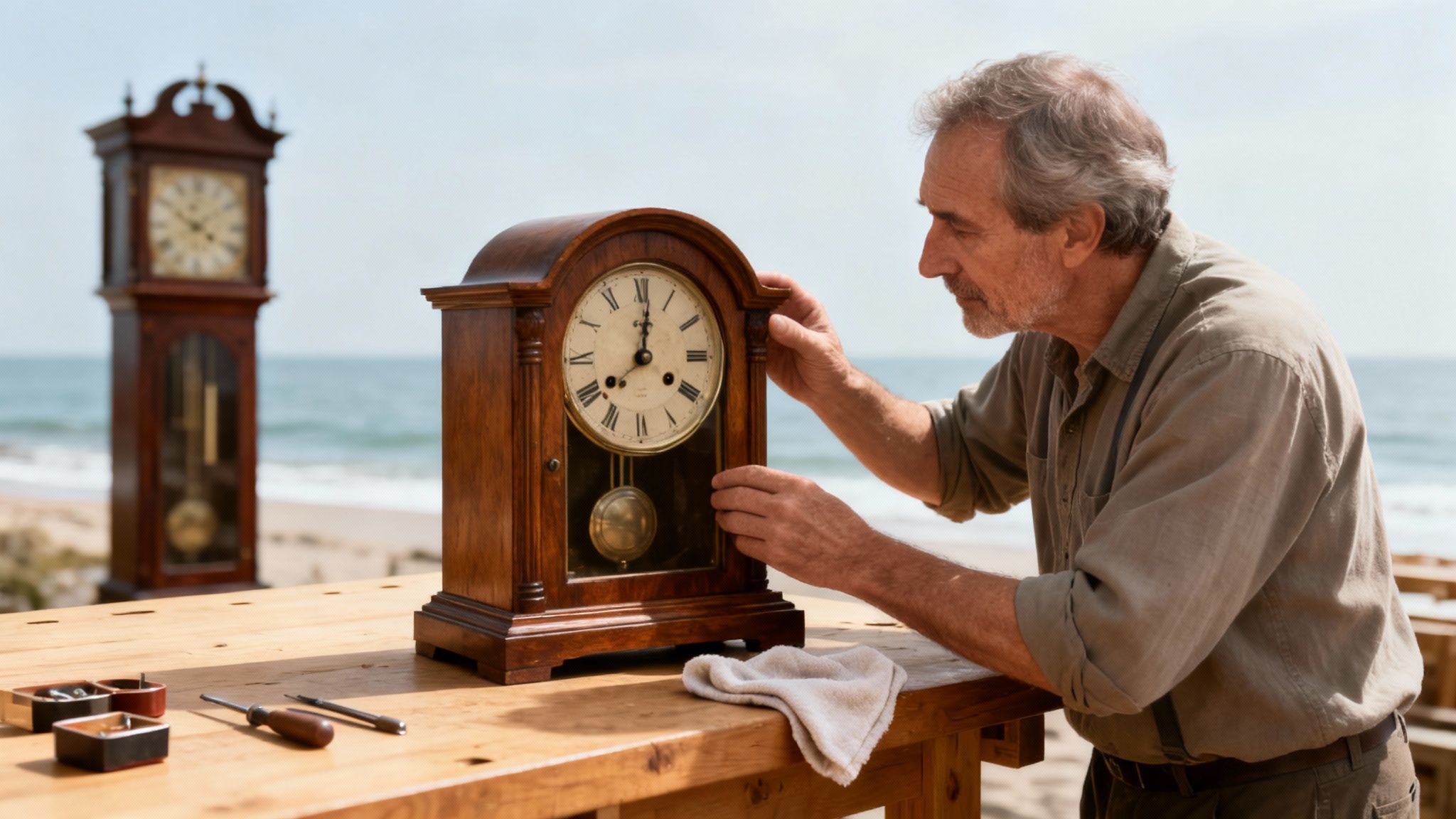 A senior man meticulously repairs an antique wooden clock on a beachside workbench, with the ocean behind him.