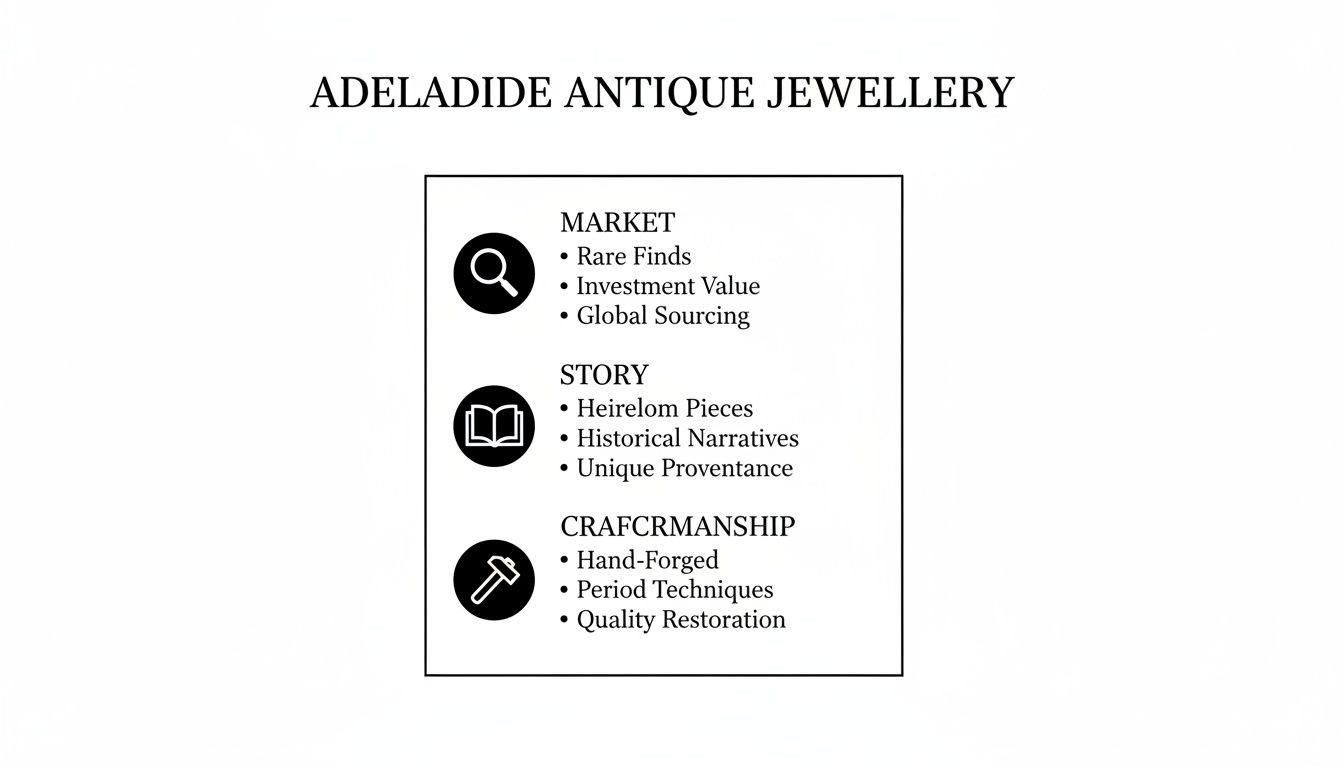Infographic detailing Adelaide Antique Jewellery's market, story, and craftsmanship, highlighting rare finds, heirloom pieces, and quality restoration.