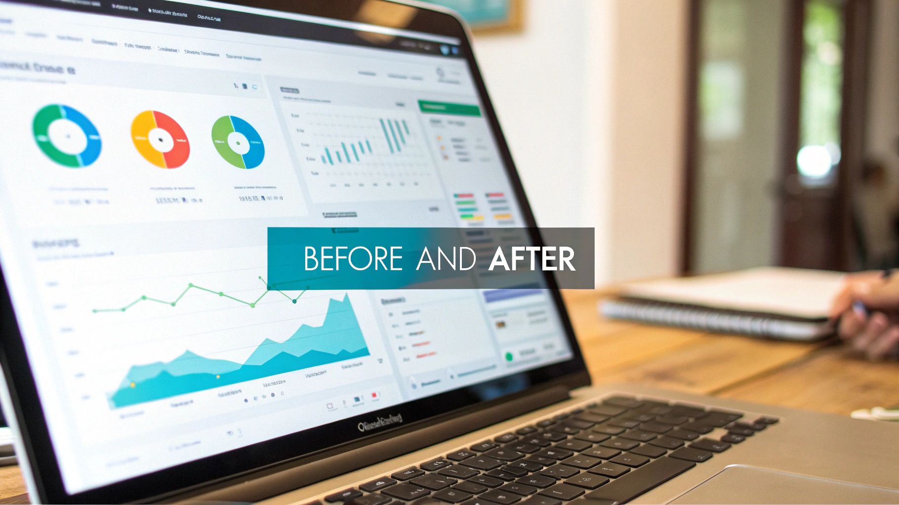 A laptop displaying a digital marketing dashboard with various charts, graphs, and data analytics on a wooden desk.
