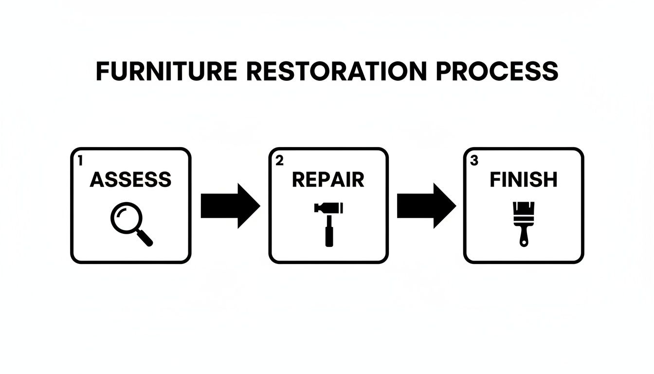 A black and white flowchart outlining the furniture restoration process: assess, repair, and finish.