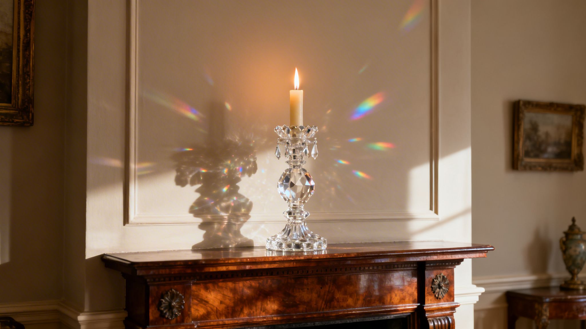 A lit candle in an ornate crystal holder on a wooden mantelpiece, casting colorful rainbow light.