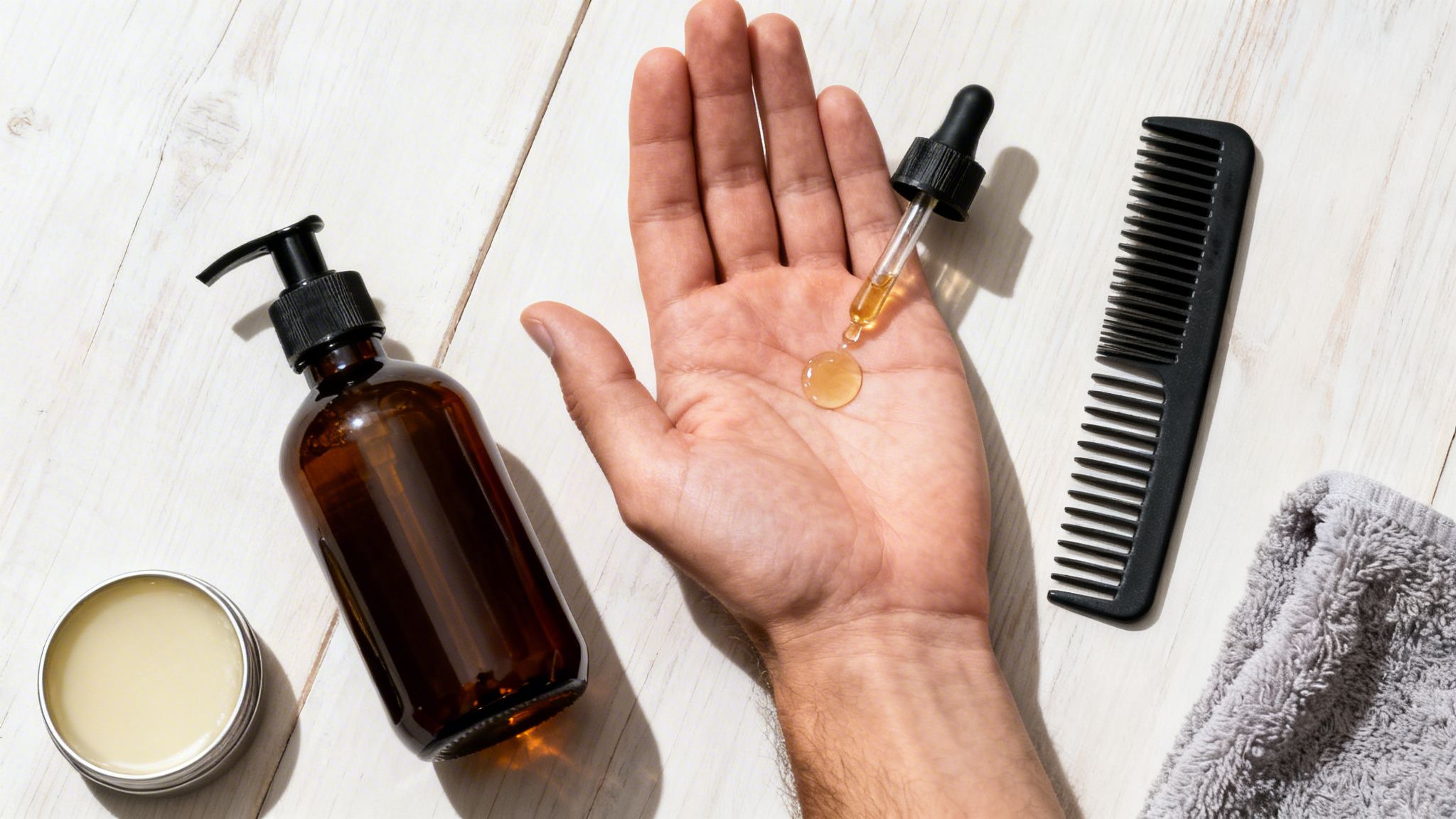 A man's hand with beard oil, next to a pump bottle, balm, comb, and towel on wood.