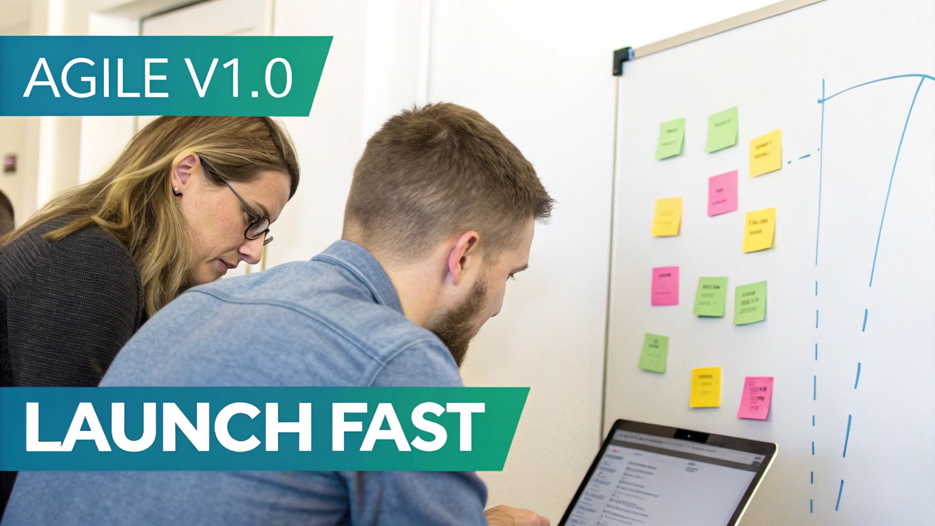 Two colleagues collaboratively working on a laptop in an office, with a whiteboard full of colorful sticky notes in the background, illustrating agile development.