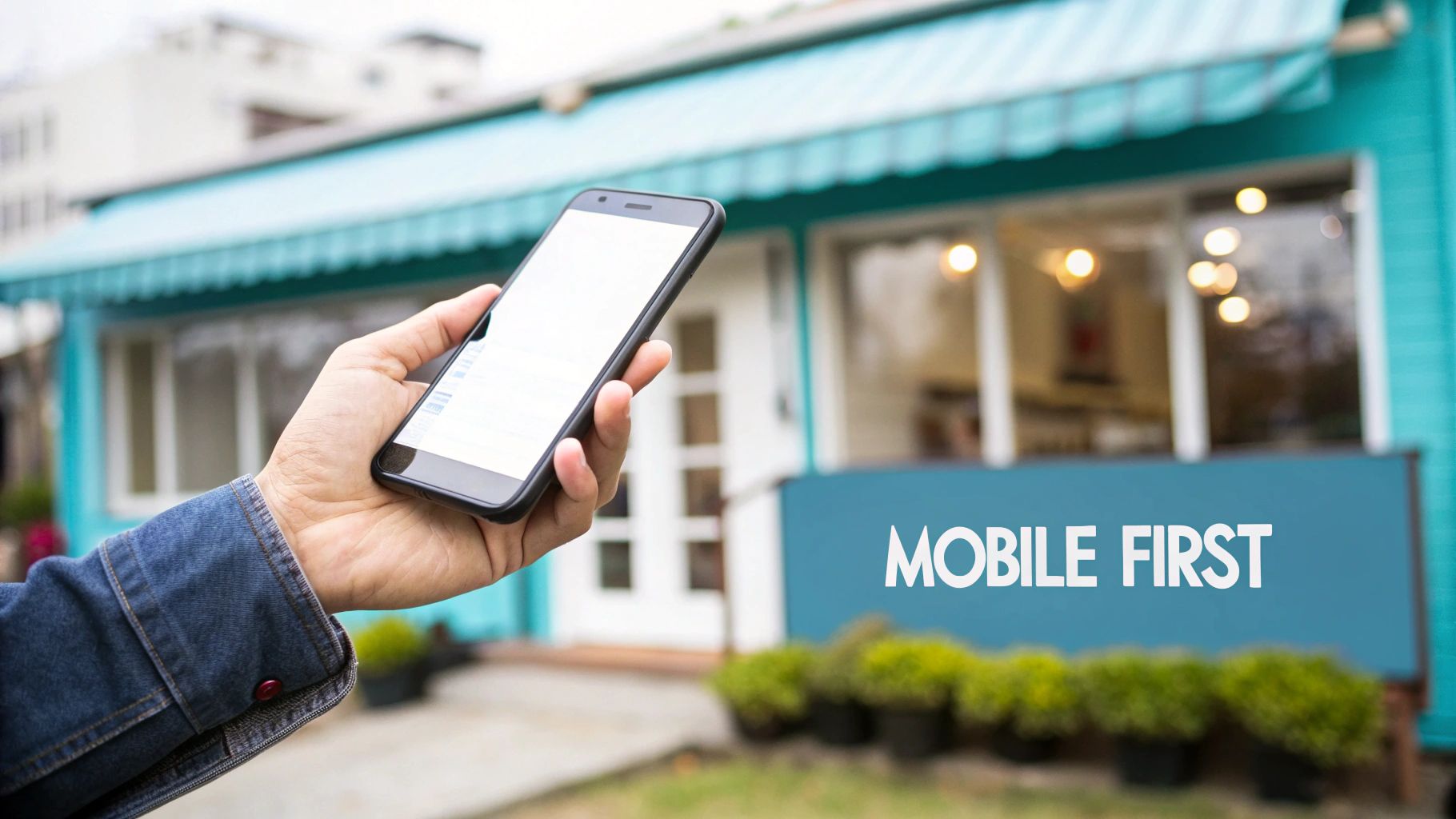 A hand holds a smartphone with a blank screen in front of a blue building with a 'MOBILE FIRST' sign.