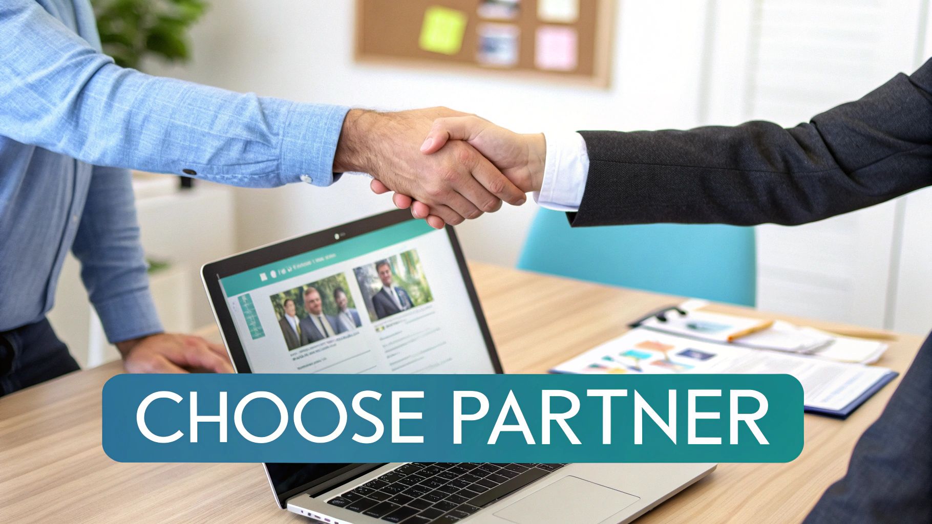 Two business professionals shaking hands over a laptop displaying potential partners or team members.