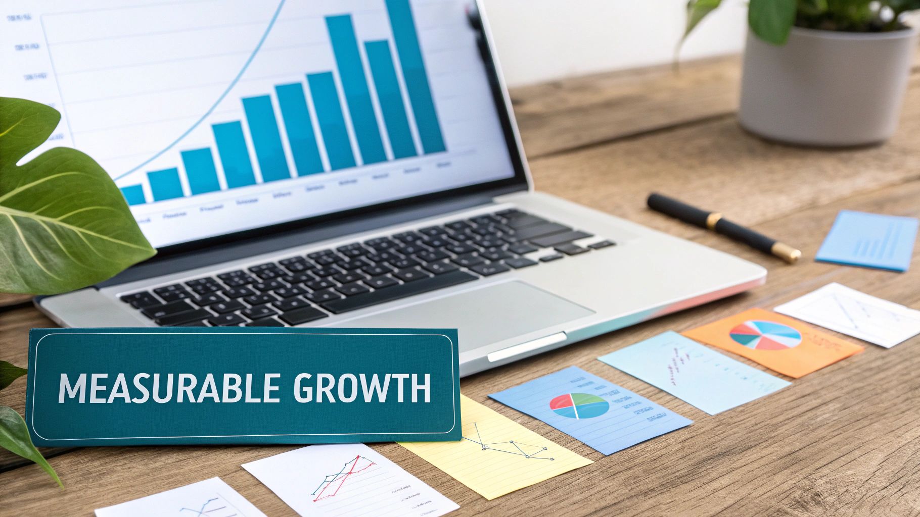 A desk with a laptop displaying a growth chart, a 'MEASURABLE GROWTH' sign, and various business graphs.