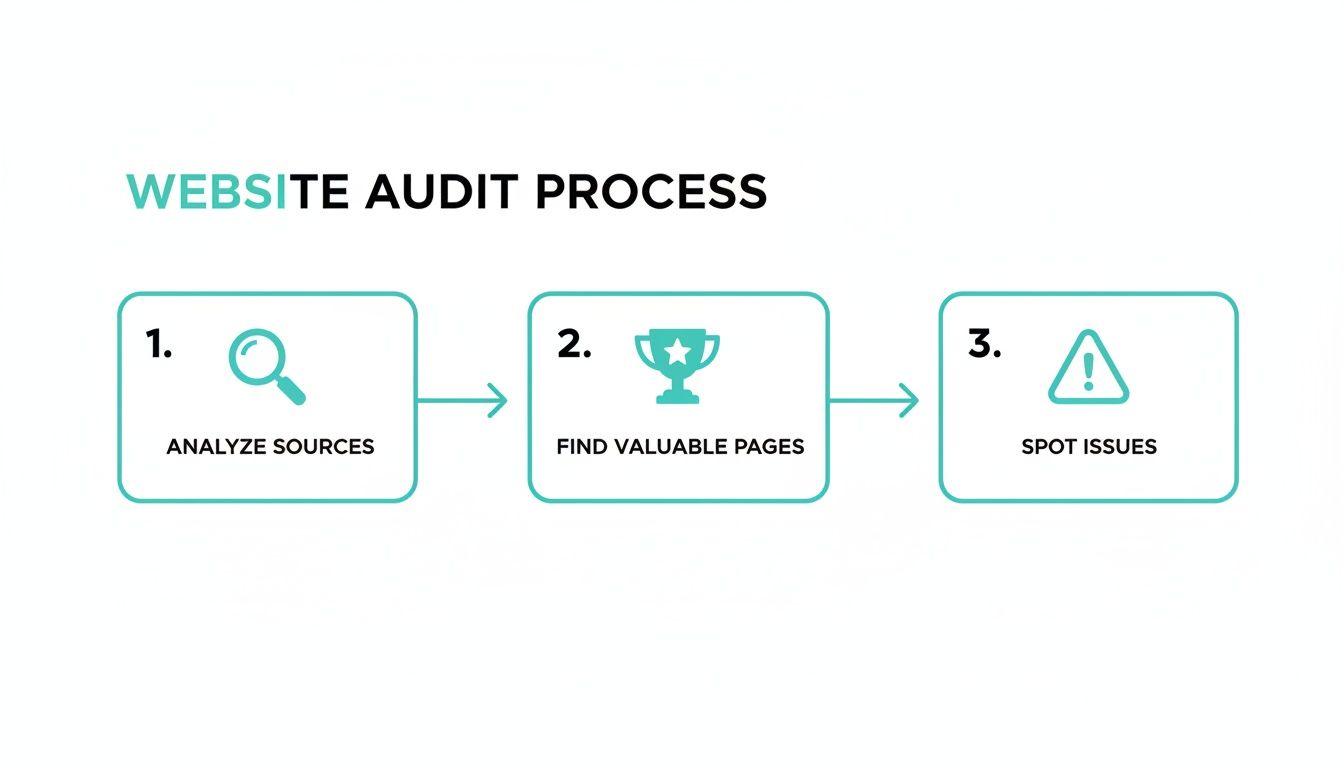 Flowchart illustrating the 3-step website audit process: analyze sources, find valuable pages, and spot issues.
