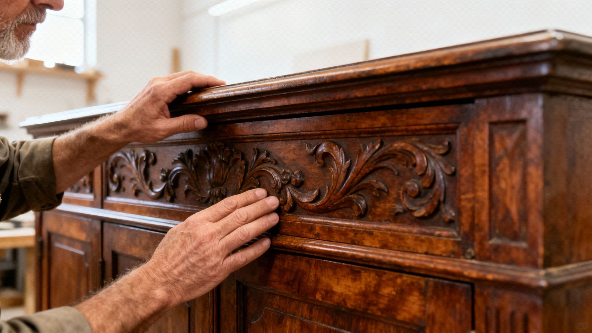 Skilled artisan restoring intricate carvings on antique wooden furniture, emphasizing craftsmanship and preservation of historical integrity.