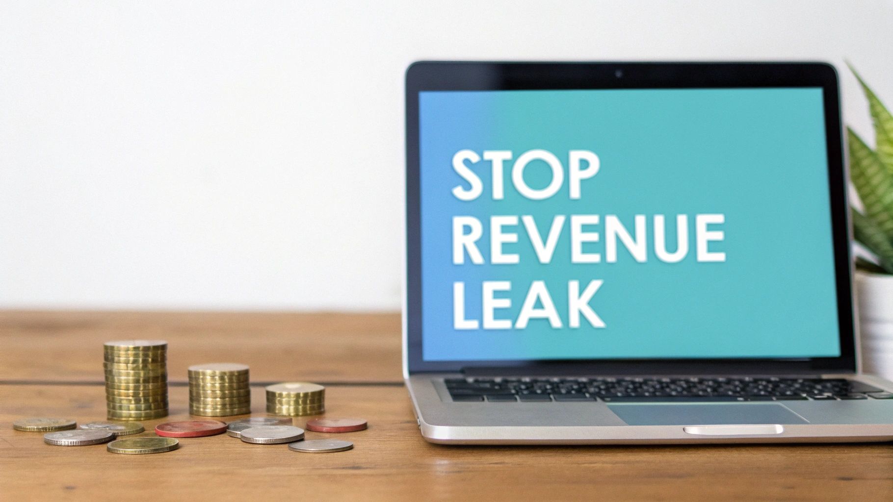 A laptop displays 'STOP REVENUE LEAK' next to stacked and scattered coins on a wooden desk.