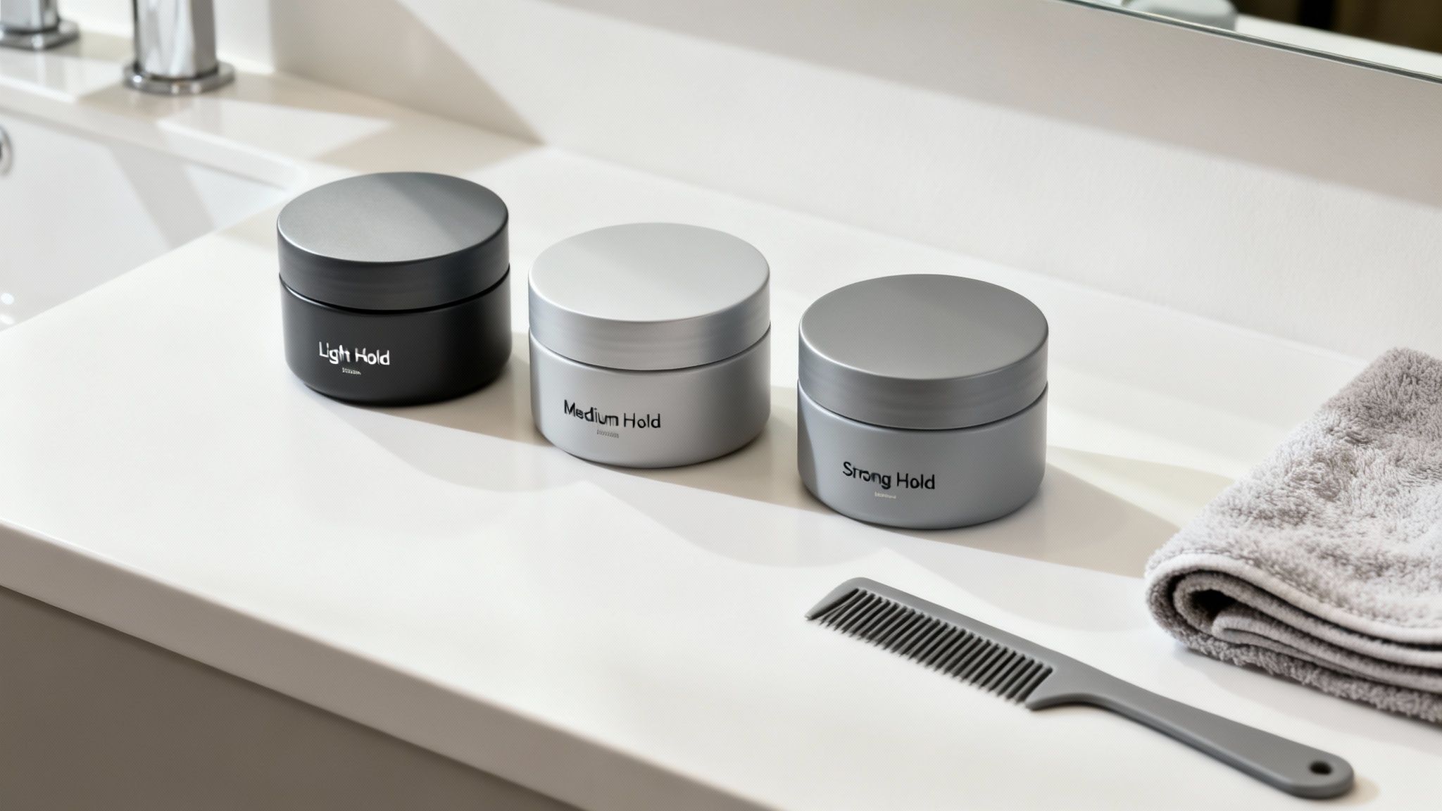 Three hair styling products (light, medium, strong hold), a comb, and a towel on a bathroom counter.